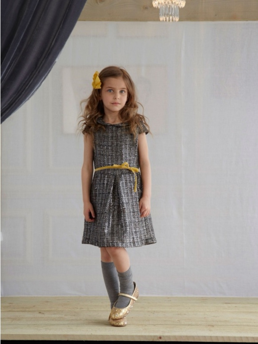 Marie Chantal Girls Peter Pan Collar Velvet Bow Belt Tweed Knit Dress, 4Y